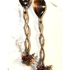 Mud Pie Holly Salad Server Set Of 2  Spoon and Fork Red Berries Heavy Metal 13”